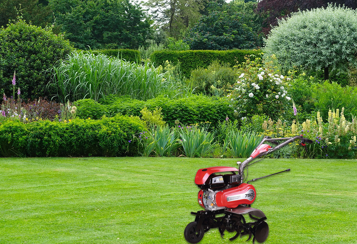 Το μηχάνημα με φόντο έναν κήπο.